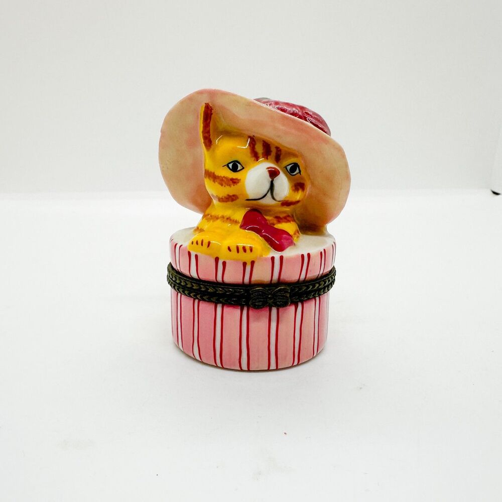 Vintage Porcelain Hinged Trinket Box Orange Cat Hat Fancy